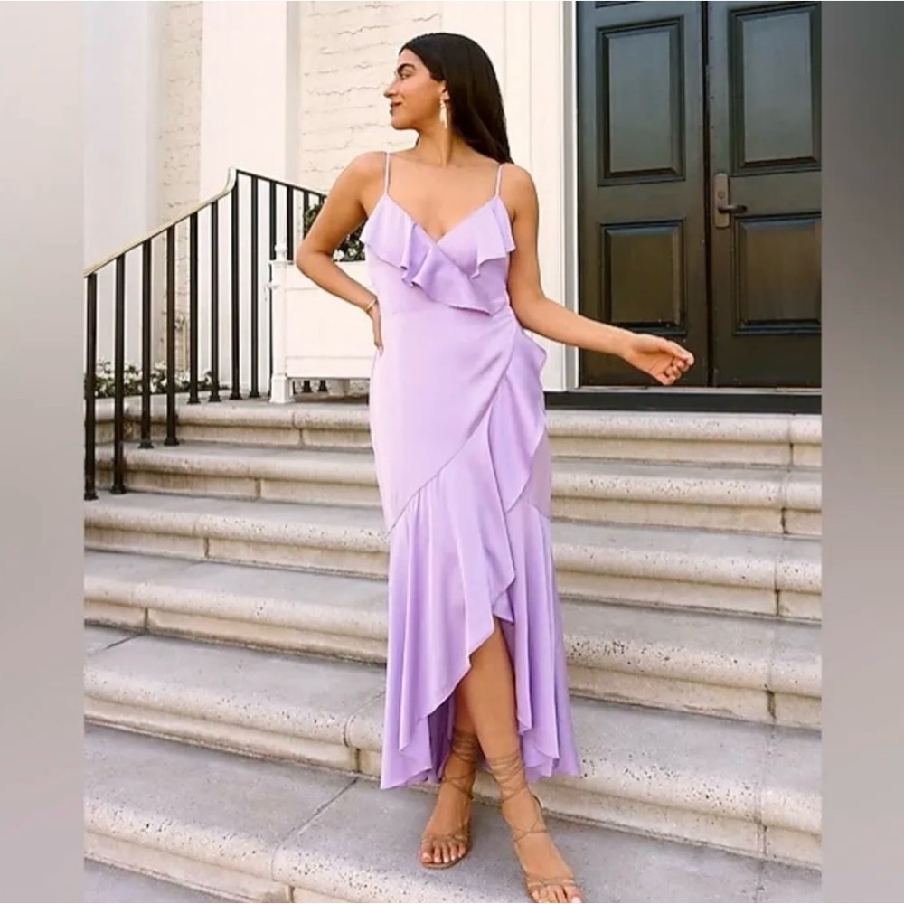 Large Express Lilac Purple Satin Ruffle Wrap Hi-Lo Maxi Dress